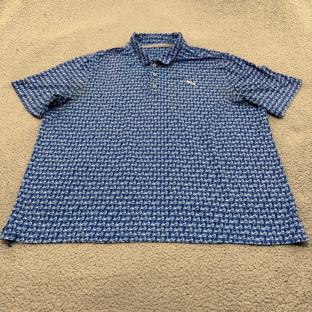Puma Golf Polo Shirt Mens 2XL Blue White Golf Cart Print Performance